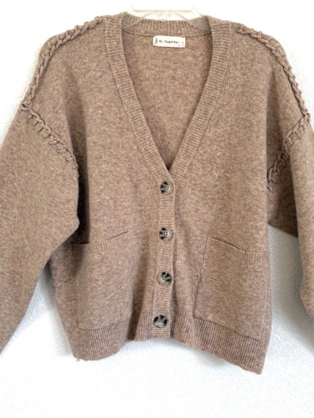 Together Braided-Shoulder Button Cardigan in Taupe